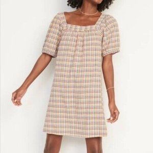 Old Navy Textured Dobby-Gingham Puff-Sleeve Swing Dress in Yellow Plaid